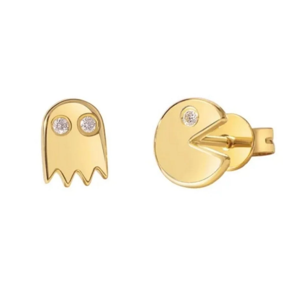 NEW Mismatch‎ 14k Gold Filled Pac-Man Diamond Accent Stud Earrings